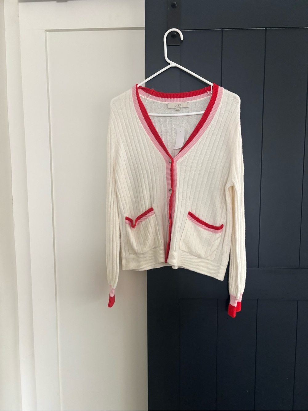 LOFT Cream Ribbed Cardigan with Pink and Red trim. NWT size large